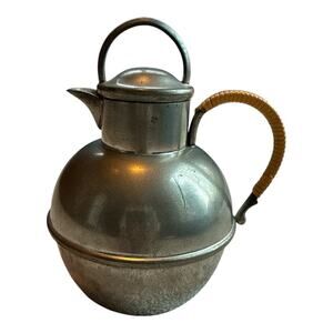 Pewter Teapot Pitcher Jug Queen Art Brooklyn Made In USA Wicker Rattan Handle